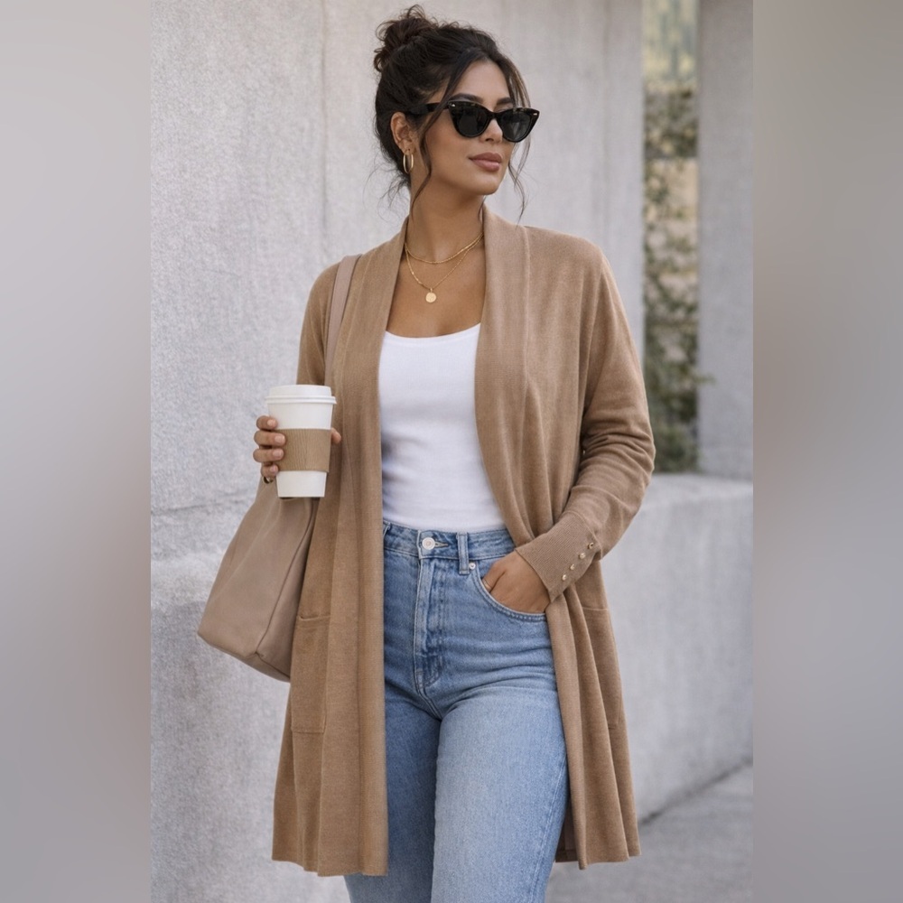 Camel Open Front Lightweight Cardigan Minimalist Neutral Layering Duster Soft